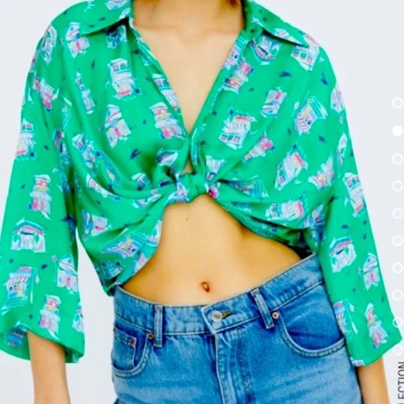Zara Cropped Tie Front Top Size Medium - Picture 1 of 4